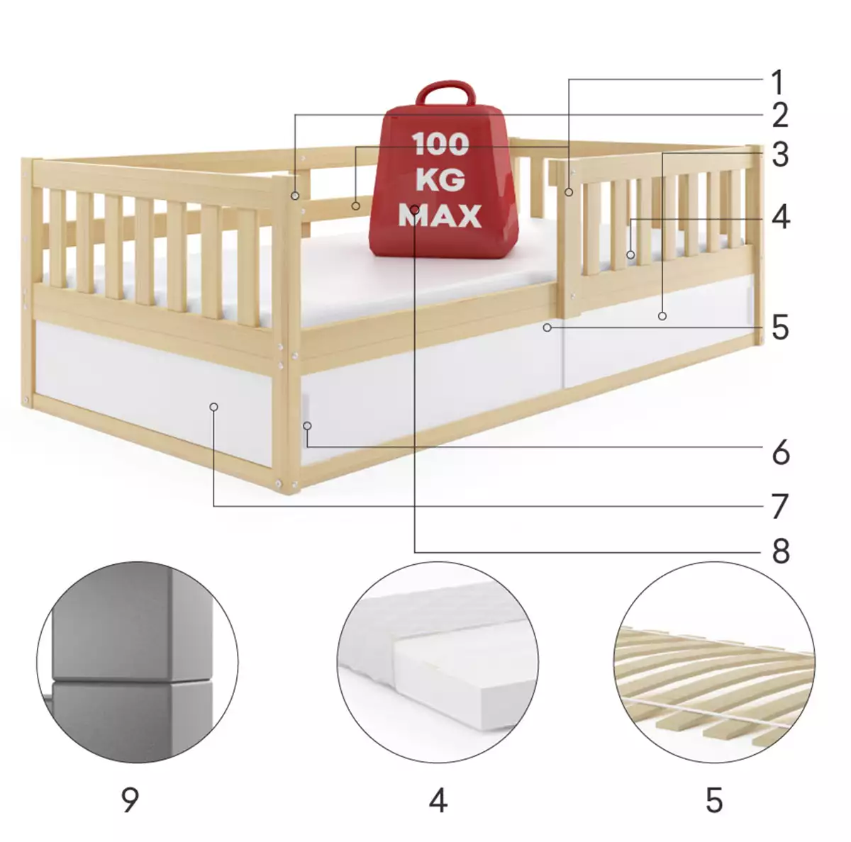 Komponenten für Kinderbett Smart, 80x160, mit Stauraum, Kiefer Komponenten für Kinderbett Smart, 80x160, mit Stauraum, Kiefer