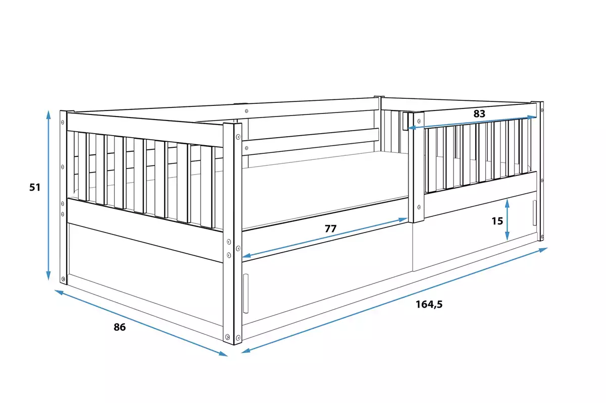 Abmessungen und Spezifikationen für Kinderbett Smart, 80x160, mit Stauraum, weiß Abmessungen und Spezifikationen für Kinderbett Smart, 80x160, mit Stauraum, weiß