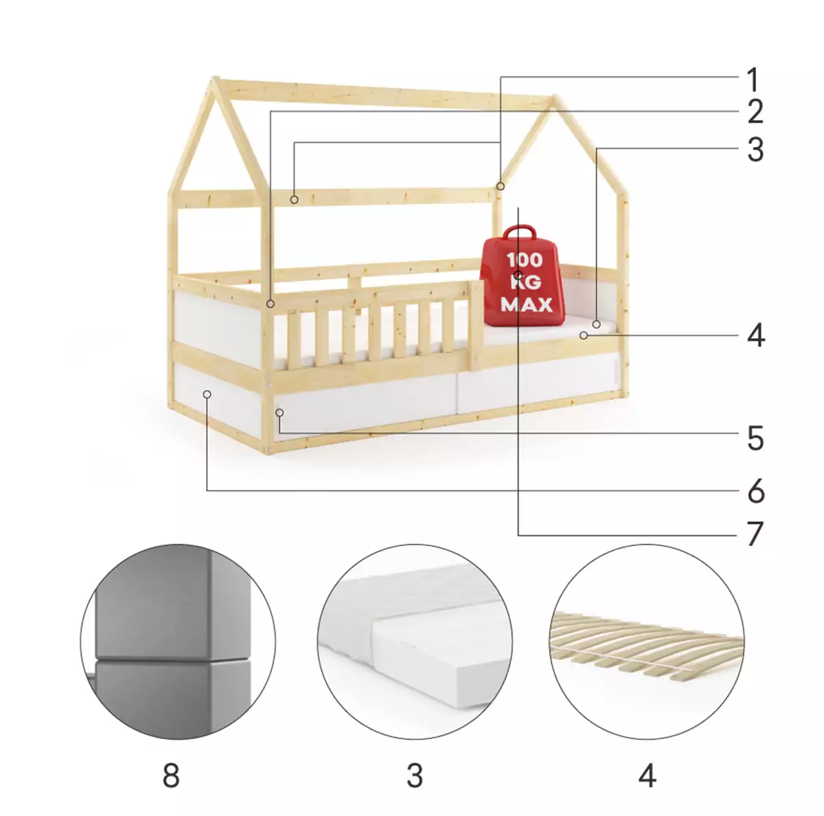 Komponenten für Smart 2 Hausbett für Kinder, 80x160, mit Stauraum, naturholz Komponenten für Smart 2 Hausbett für Kinder, 80x160, mit Stauraum, naturholz