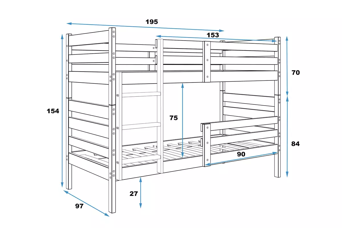 Abmessungen und Spezifikationen für Stockbett für Jugendliche Erik, 90x190, naturholz