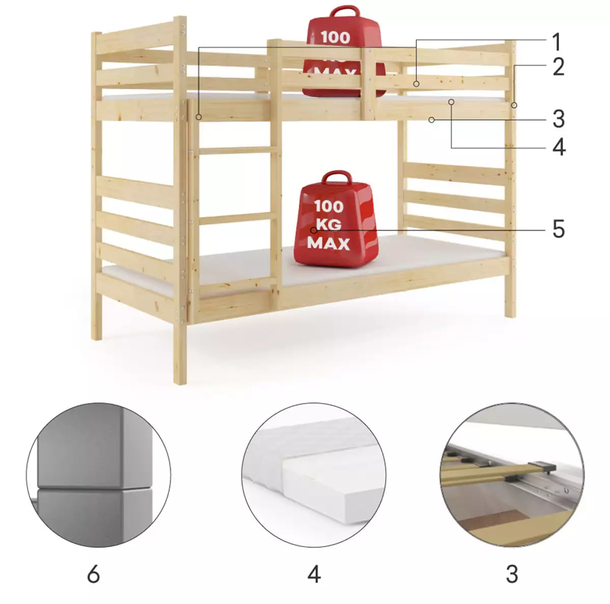Komponenten für Stockbett für Jugendliche Erik, 90x190, naturholz