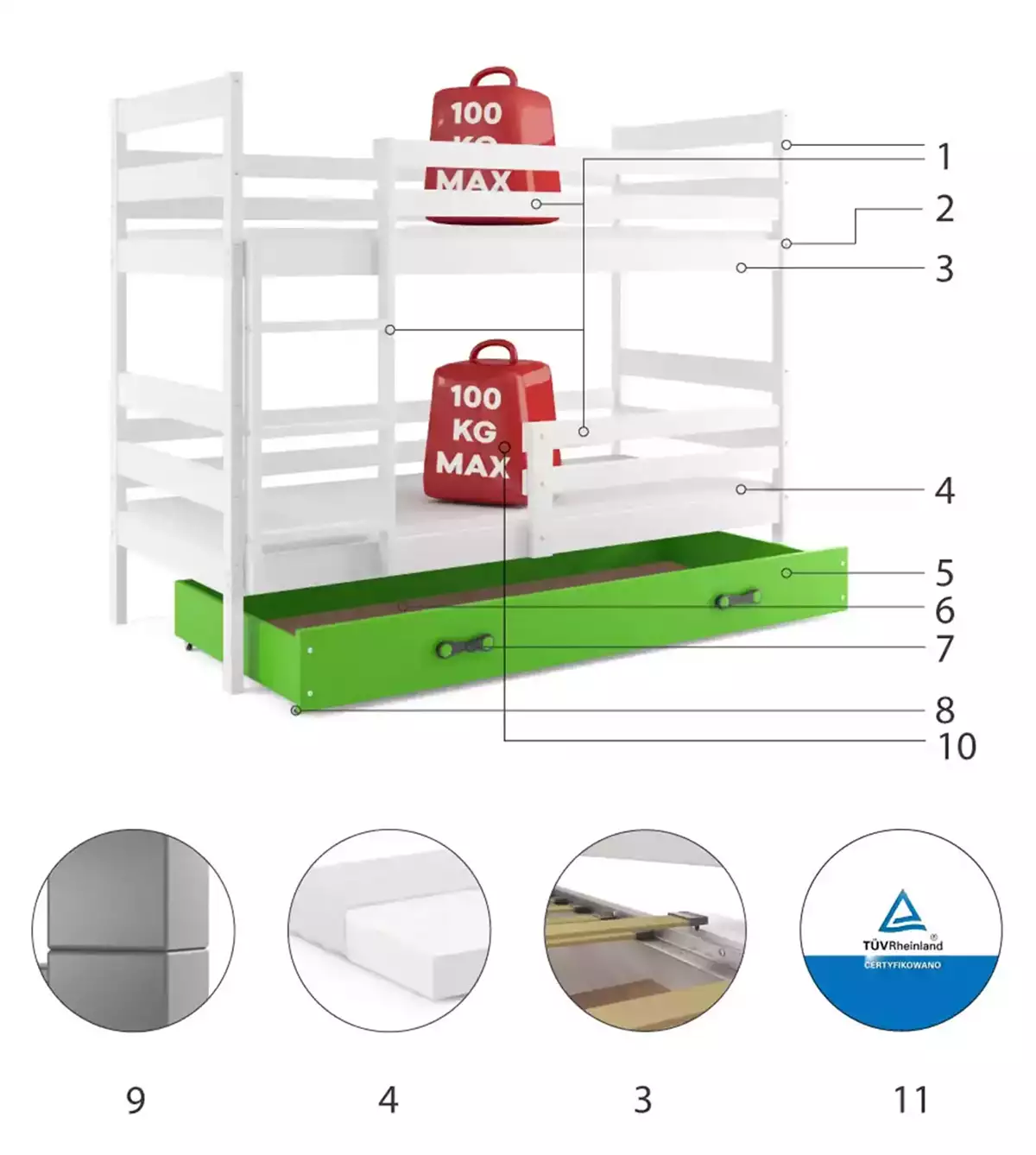 Komponenten für Stockbett für Jugendliche Erik, 90x200, mit Matratze und Schublade, weiß/grün
