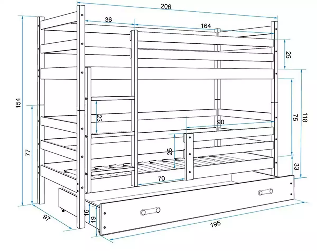 Abmessungen und Spezifikationen für Stockbett für Jugendliche Erik, 90x200, mit Matratze und Schublade, weiß/grau Abmessungen und Spezifikationen für Stockbett für Jugendliche Erik, 90x200, mit Matratze und Schublade, weiß/grau