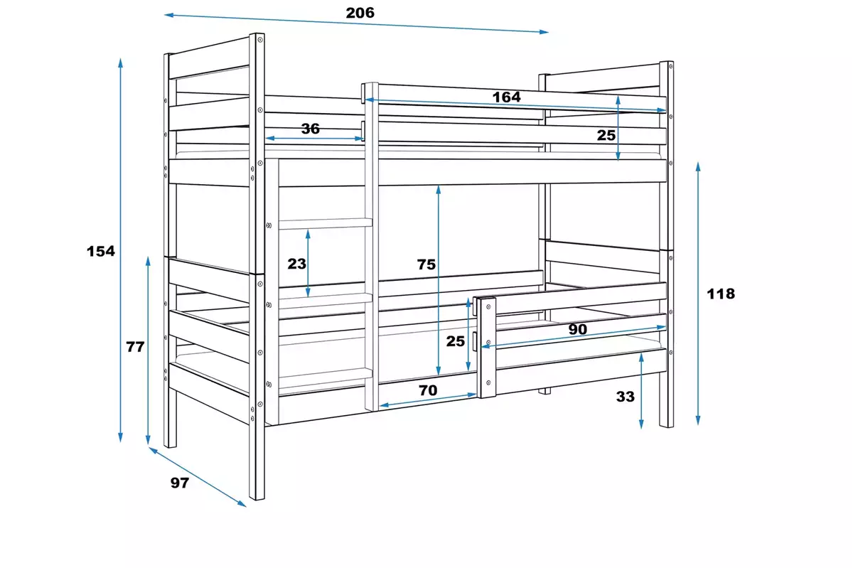 Abmessungen und Spezifikationen für Stockbett für Jugendliche Erik, 90x200, mit Matratze, weiß Abmessungen und Spezifikationen für Stockbett für Jugendliche Erik, 90x200, mit Matratze, weiß
