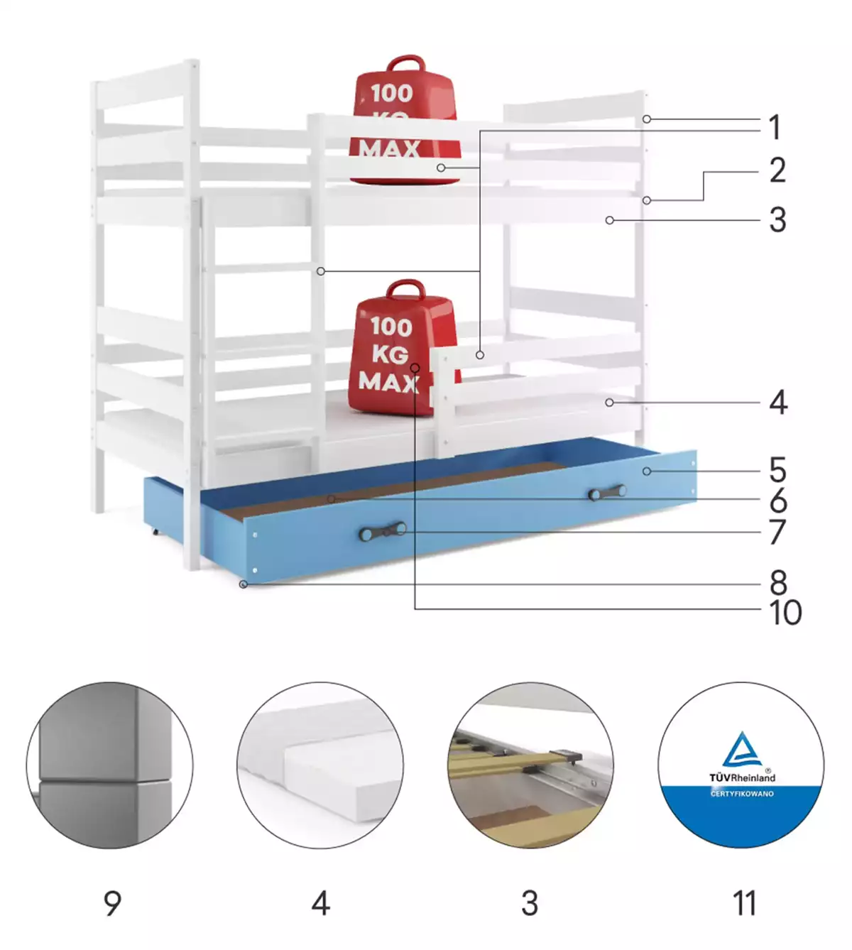 Komponenten für Stockbett für Jugendliche Erik, 90x200, mit Schublade, weiß/blau Komponenten für Stockbett für Jugendliche Erik, 90x200, mit Schublade, weiß/blau
