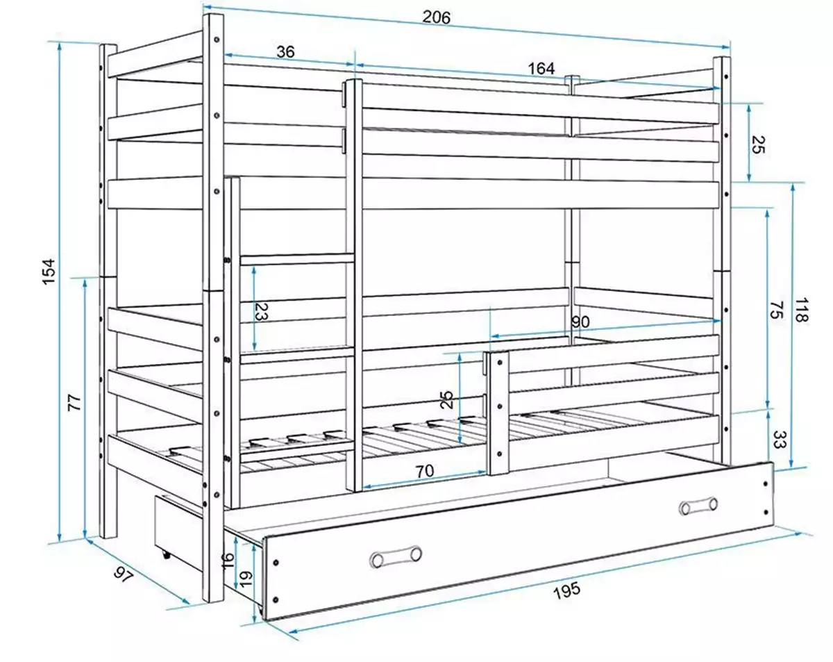 Abmessungen und Spezifikationen für Stockbett für Jugendliche Erik, 90x200, mit Schublade, weiß/grün Abmessungen und Spezifikationen für Stockbett für Jugendliche Erik, 90x200, mit Schublade, weiß/grün