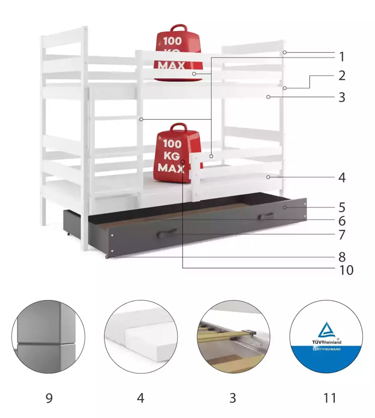 Komponenten für Stockbett für Jugendliche Erik, 90x200, mit Schublade, weiß/grau Komponenten für Stockbett für Jugendliche Erik, 90x200, mit Schublade, weiß/grau