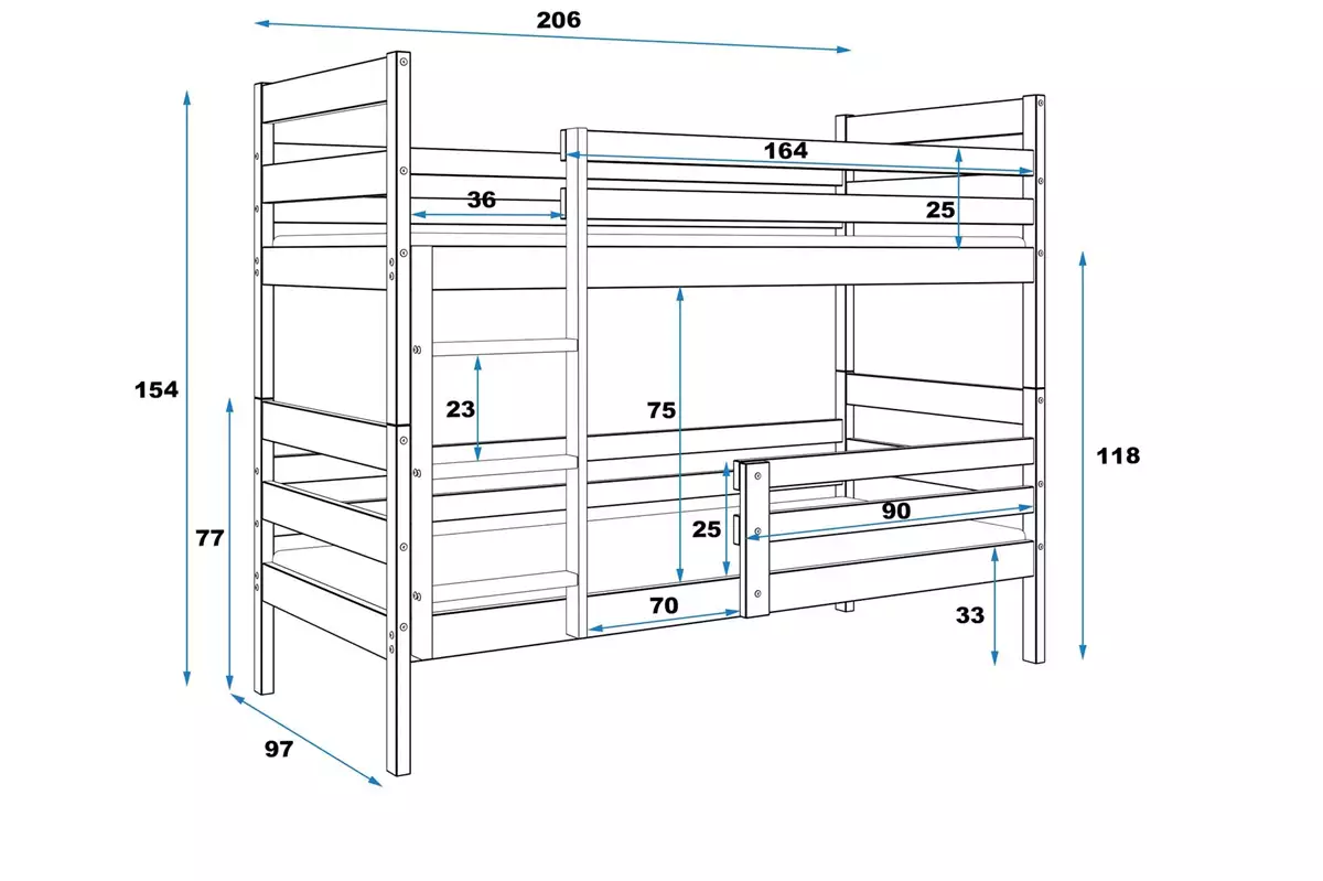 Abmessungen und Spezifikationen für Stockbett für Jugendliche Erik, 90x200, weiß