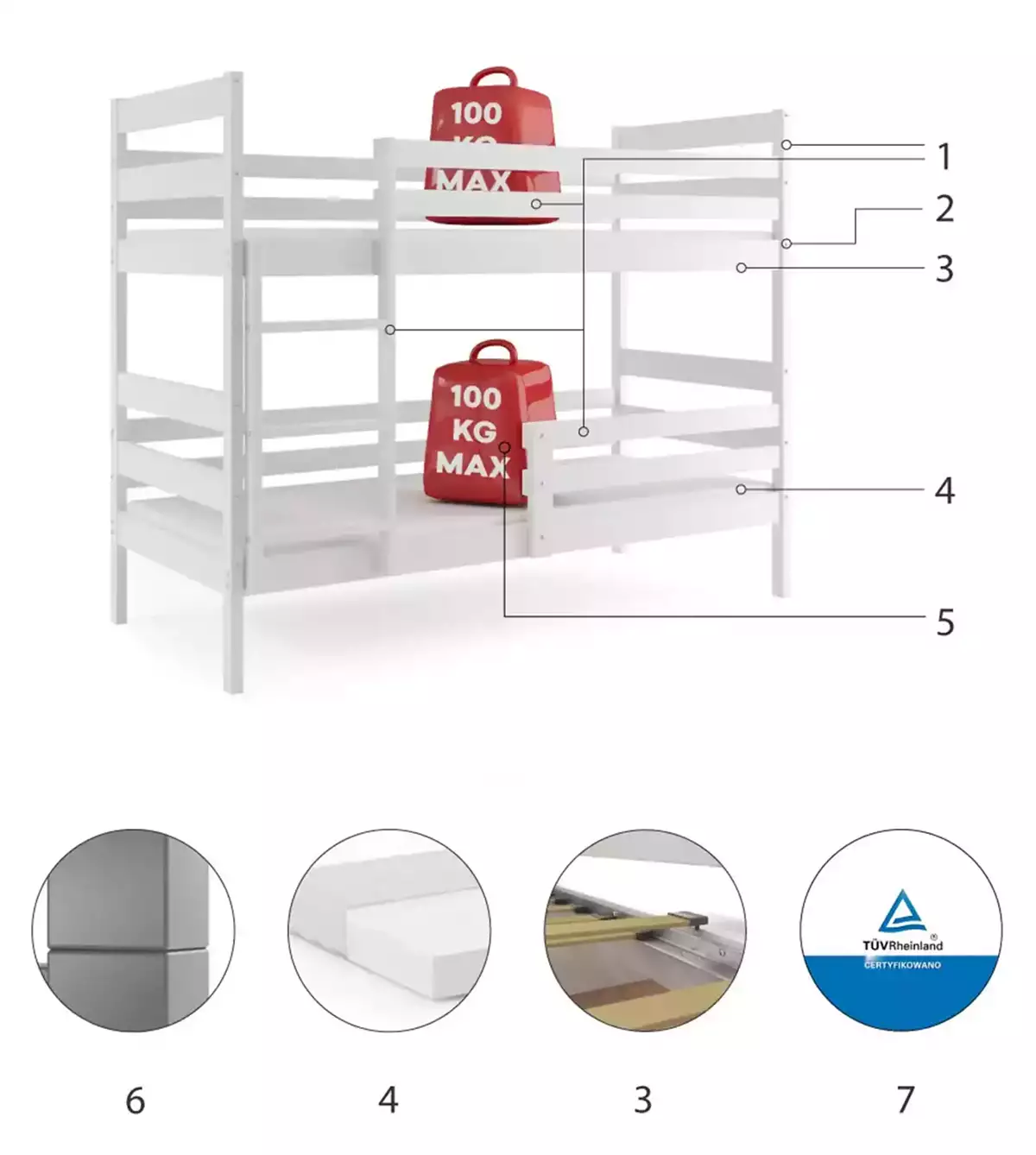 Komponenten für Stockbett für Jugendliche Erik, 90x200, weiß