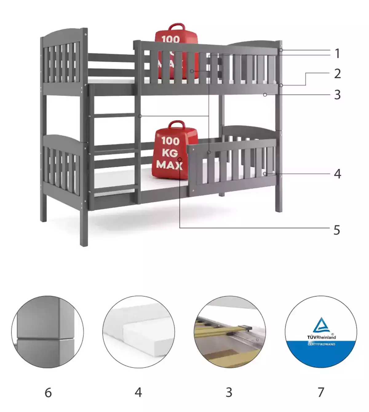 Komponenten für Stockbett für Jugendliche Jakob, 90x190, mit Matratze, grau