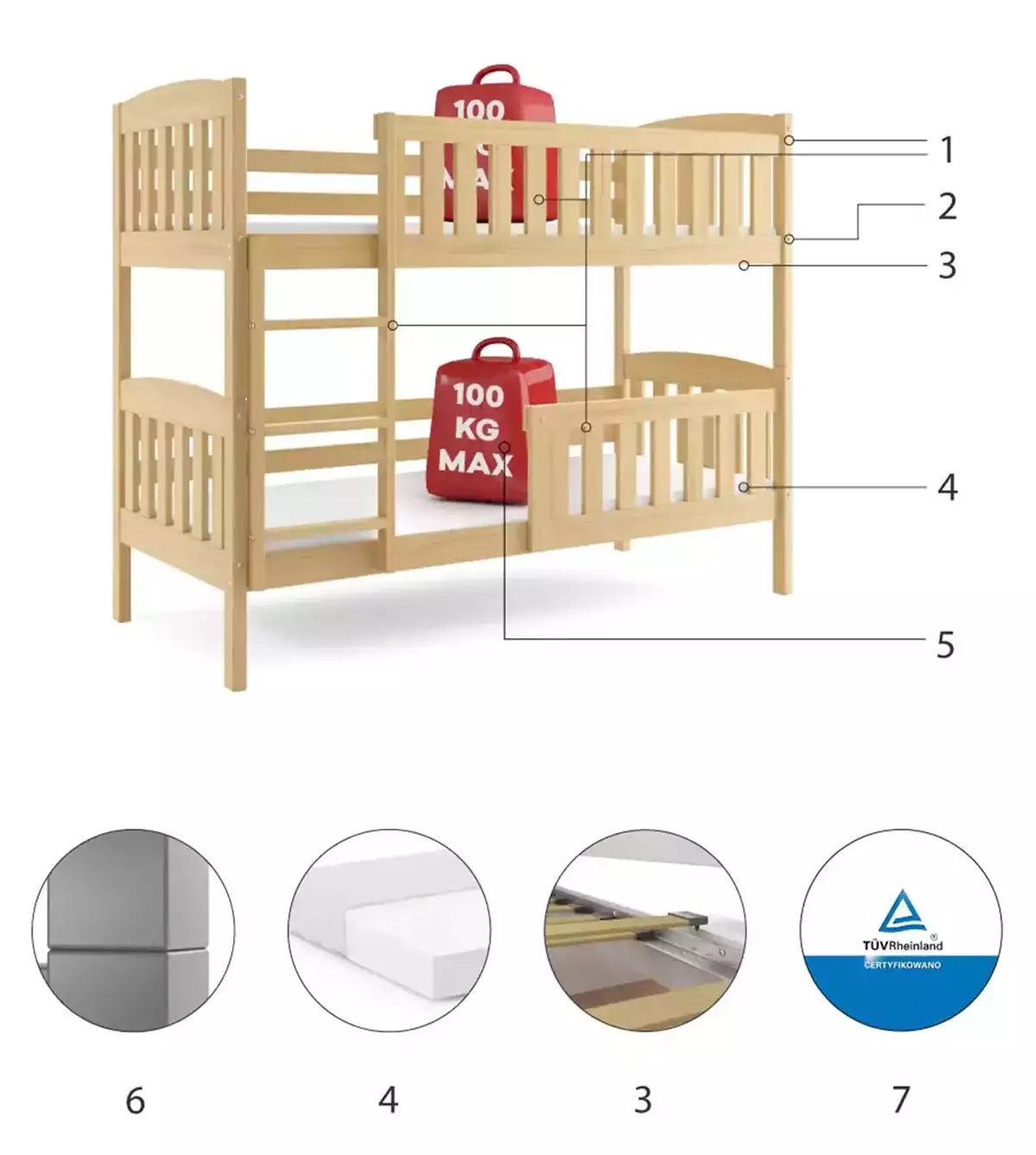 Komponenten für Stockbett für Jugendliche Jakob, 90x190, mit Matratze, Kiefer Komponenten für Stockbett für Jugendliche Jakob, 90x190, mit Matratze, Kiefer