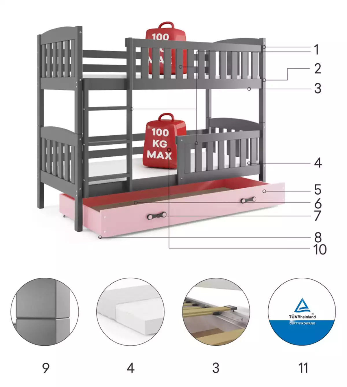Komponenten für Stockbett für Jugendliche Jakob, 90x190, mit Matratze und Schublade, grau/rosa Komponenten für Stockbett für Jugendliche Jakob, 90x190, mit Matratze und Schublade, grau/rosa