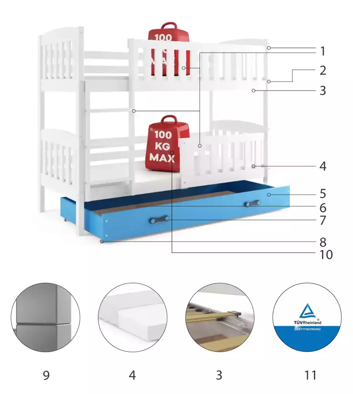 Komponenten für Stockbett für Jugendliche Jakob, 90x190, mit Matratze und Schublade, weiß/blau