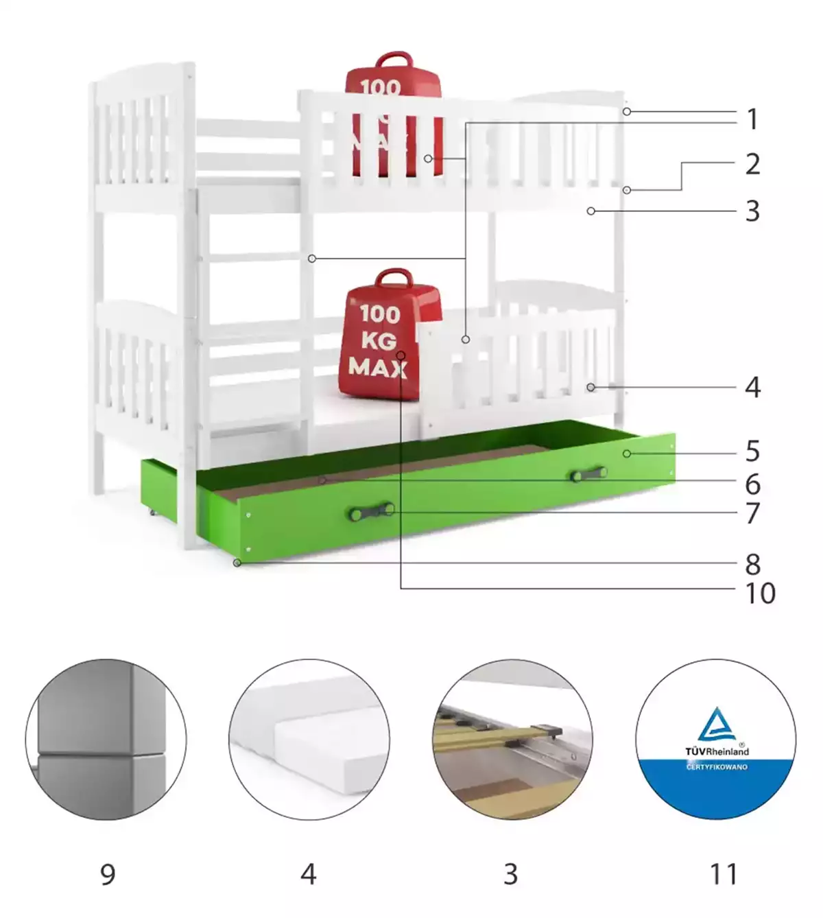 Komponenten für Stockbett für Jugendliche Jakob, 90x190, mit Matratze und Schublade, weiß/grün