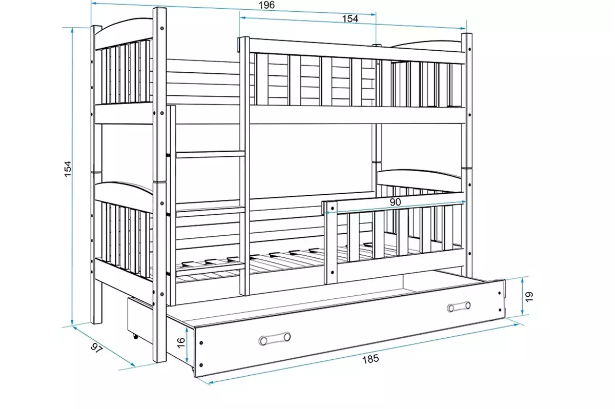 Abmessungen und Spezifikationen für Stockbett für Jugendliche Jakob, 90x190, mit Matratze und Schublade, weiß/rosa Abmessungen und Spezifikationen für Stockbett für Jugendliche Jakob, 90x190, mit Matratze und Schublade, weiß/rosa