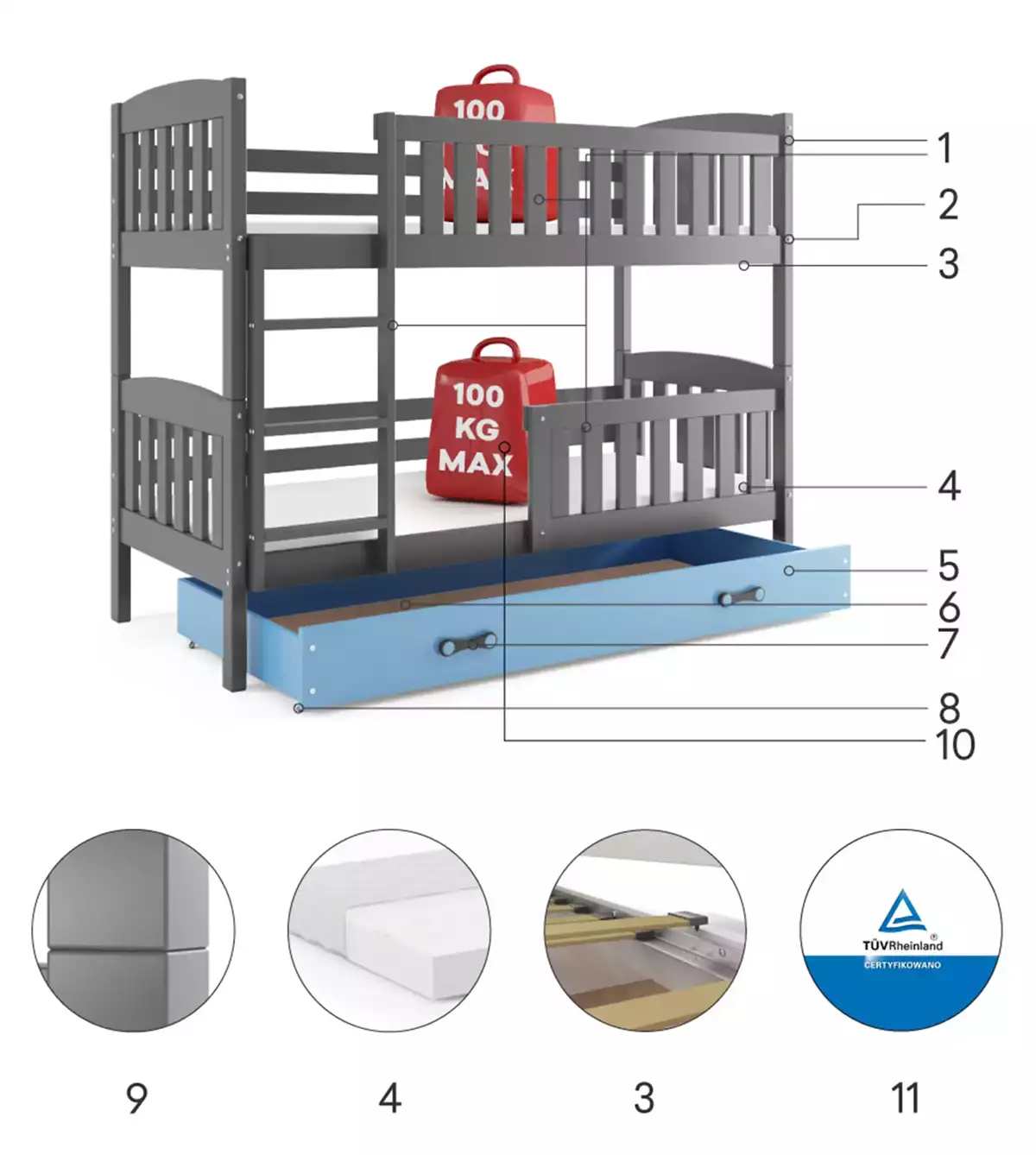 Komponenten für Stockbett für Jugendliche Jakob, 90x190, mit Schublade, grau/blau Komponenten für Stockbett für Jugendliche Jakob, 90x190, mit Schublade, grau/blau