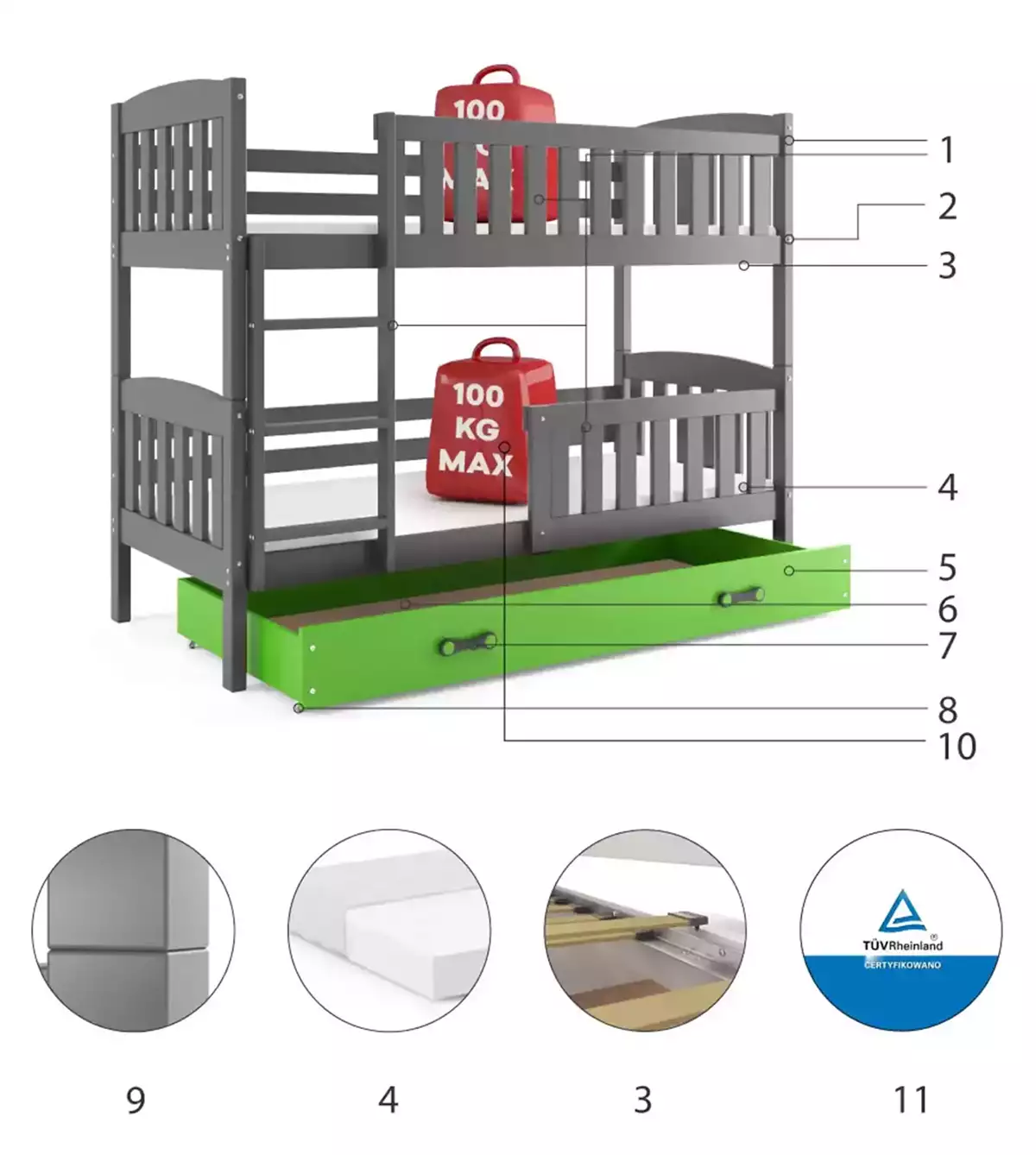 Komponenten für Stockbett für Jugendliche Jakob, 90x190, mit Schublade, grau/grün Komponenten für Stockbett für Jugendliche Jakob, 90x190, mit Schublade, grau/grün