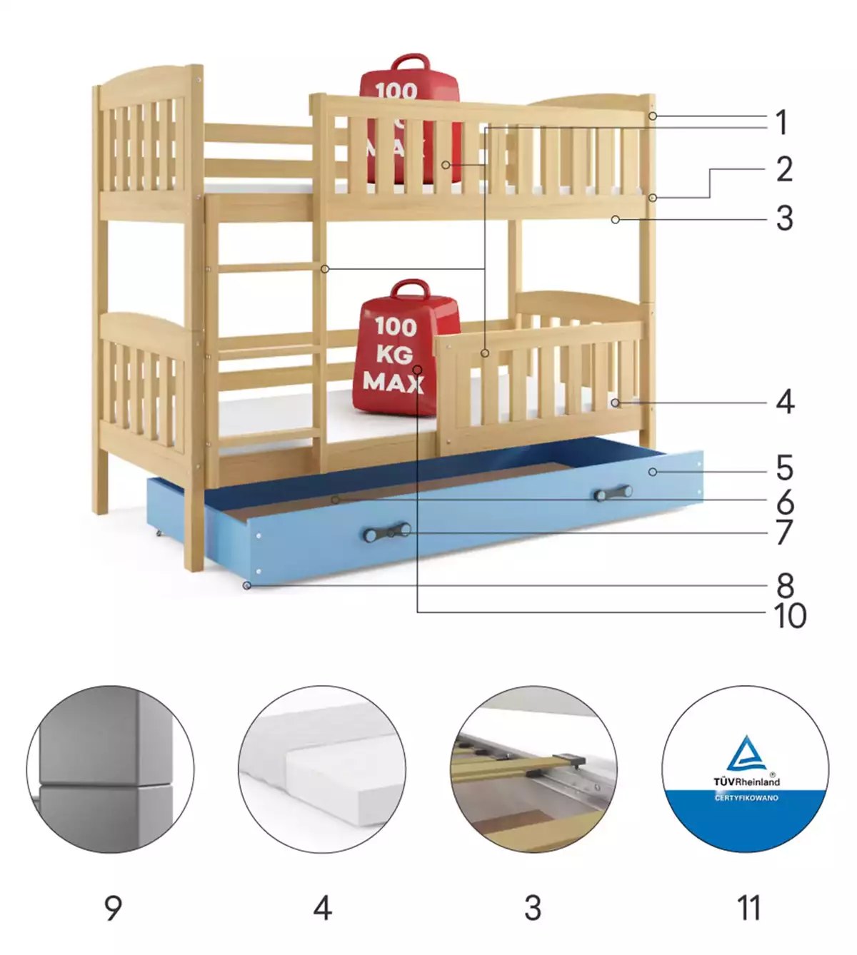 Komponenten für Stockbett für Jugendliche Jakob, 90x190, mit Schublade, Kiefer/blau