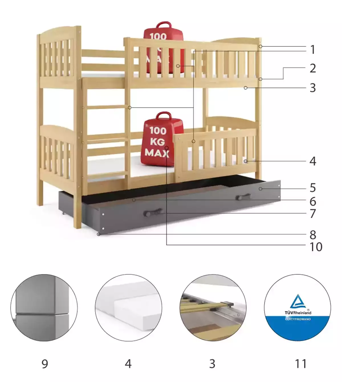 Komponenten für Stockbett für Jugendliche Jakob, 90x190, mit Schublade, Kiefer/grau