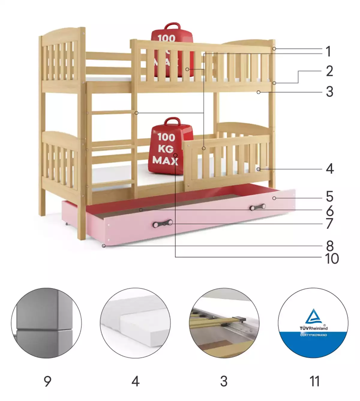 Komponenten für Stockbett für Jugendliche Jakob, 90x190, mit Schublade, Kiefer/rosa Komponenten für Stockbett für Jugendliche Jakob, 90x190, mit Schublade, Kiefer/rosa