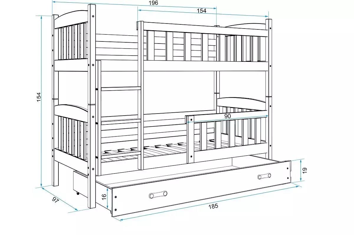 Abmessungen und Spezifikationen für Stockbett für Jugendliche Jakob, 90x190, mit Schublade, Kiefer/weiß Abmessungen und Spezifikationen für Stockbett für Jugendliche Jakob, 90x190, mit Schublade, Kiefer/weiß