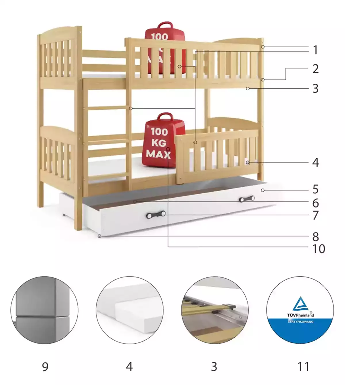 Komponenten für Stockbett für Jugendliche Jakob, 90x190, mit Schublade, Kiefer/weiß Komponenten für Stockbett für Jugendliche Jakob, 90x190, mit Schublade, Kiefer/weiß