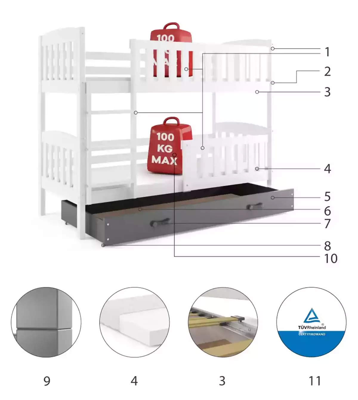 Komponenten für Stockbett für Jugendliche Jakob, 90x190, mit Schublade, weiß/grau