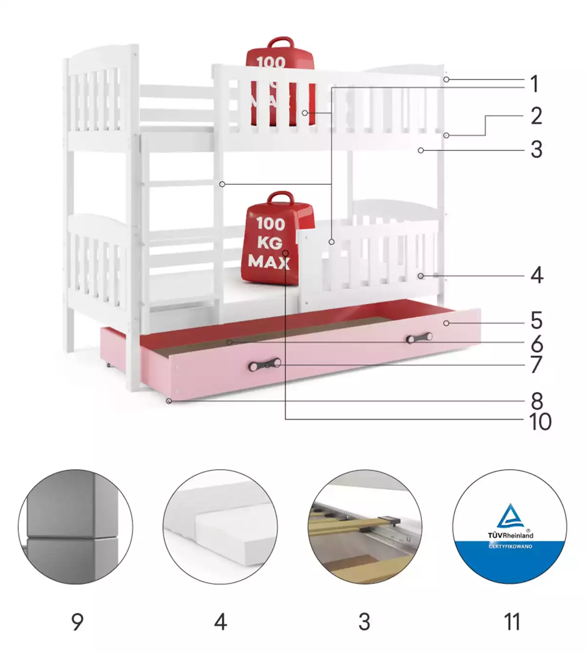 Komponenten für Stockbett für Jugendliche Jakob, 90x190, mit Schublade, weiß/rosa Komponenten für Stockbett für Jugendliche Jakob, 90x190, mit Schublade, weiß/rosa