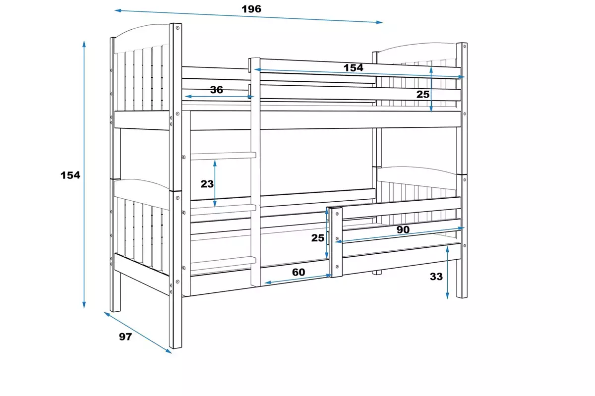 Abmessungen und Spezifikationen für Stockbett für Jugendliche Jakob, 90x190, weiß
