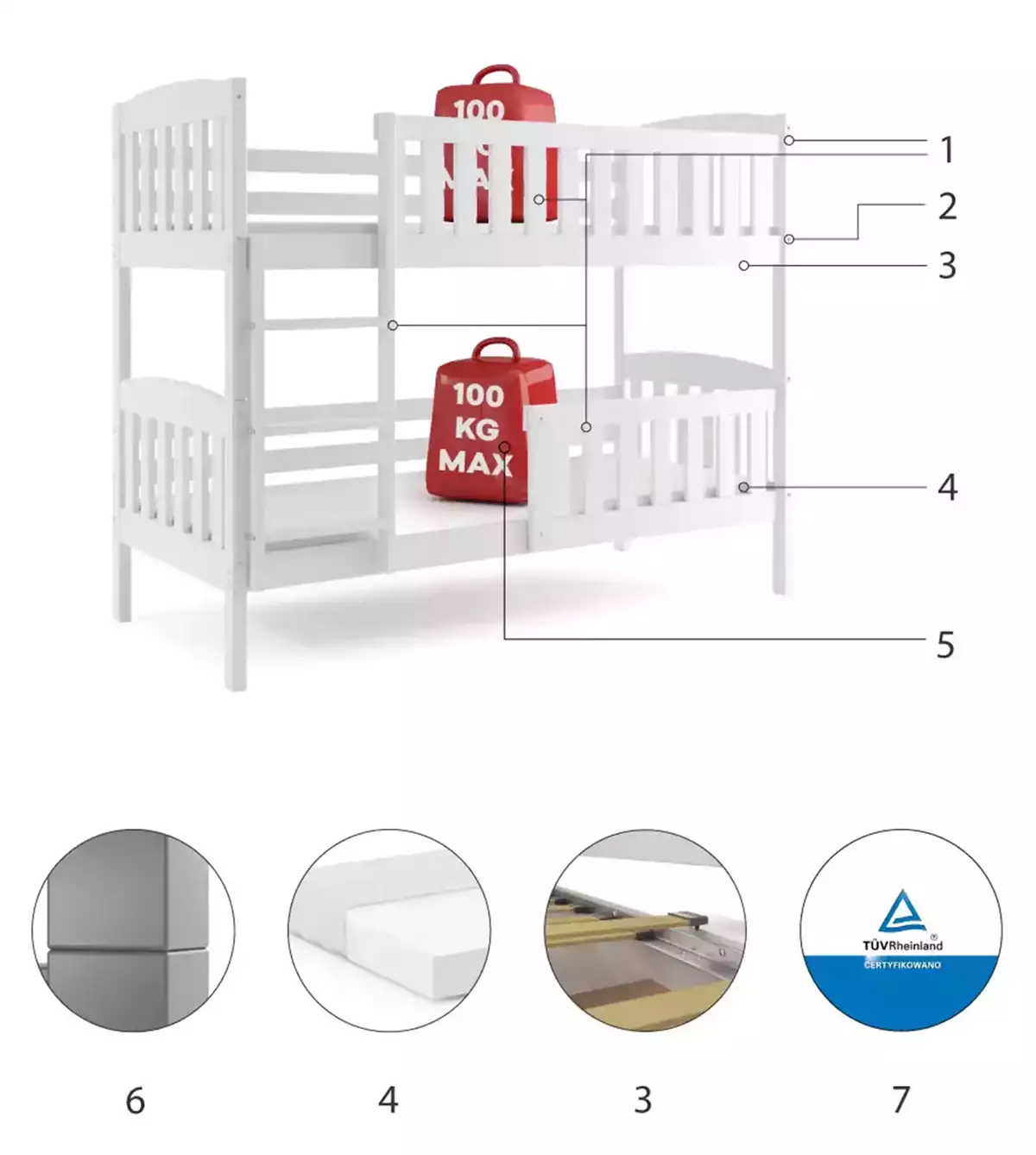 Komponenten für Stockbett für Jugendliche Jakob, 90x190, weiß