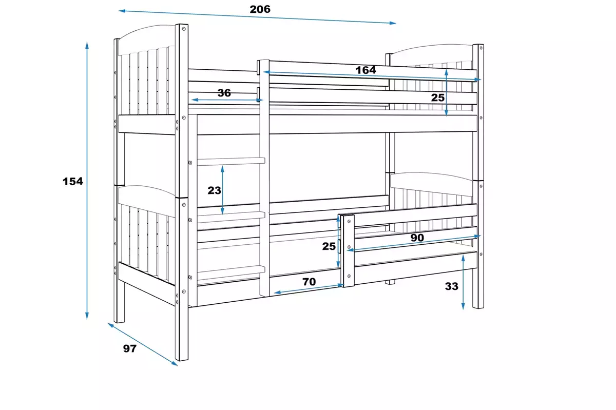 Abmessungen und Spezifikationen für Stockbett für Jugendliche Jakob, 90x200, mit Matratze, Kiefer Abmessungen und Spezifikationen für Stockbett für Jugendliche Jakob, 90x200, mit Matratze, Kiefer