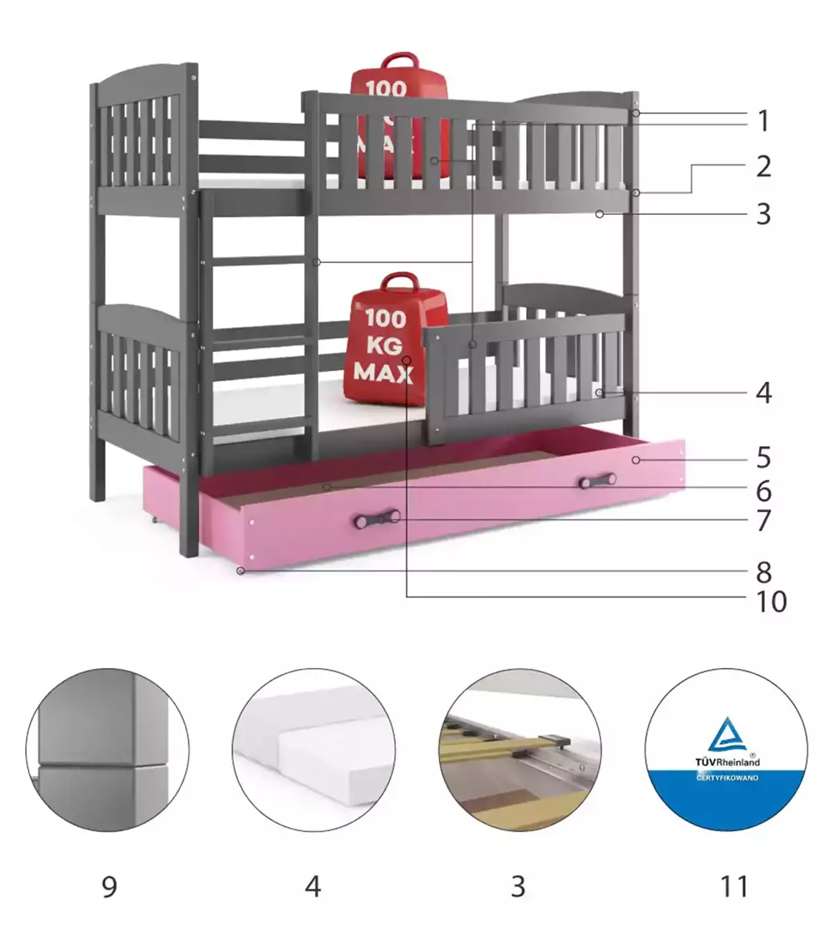 Komponenten für Stockbett für Jugendliche Jakob, 90x200, mit Matratze und Schublade, grau/rosa Komponenten für Stockbett für Jugendliche Jakob, 90x200, mit Matratze und Schublade, grau/rosa