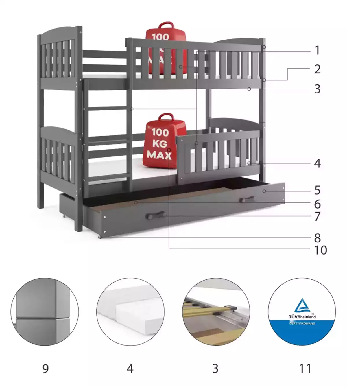 Komponenten für Stockbett für Jugendliche Jakob, 90x200, mit Matratze und Schublade, grau