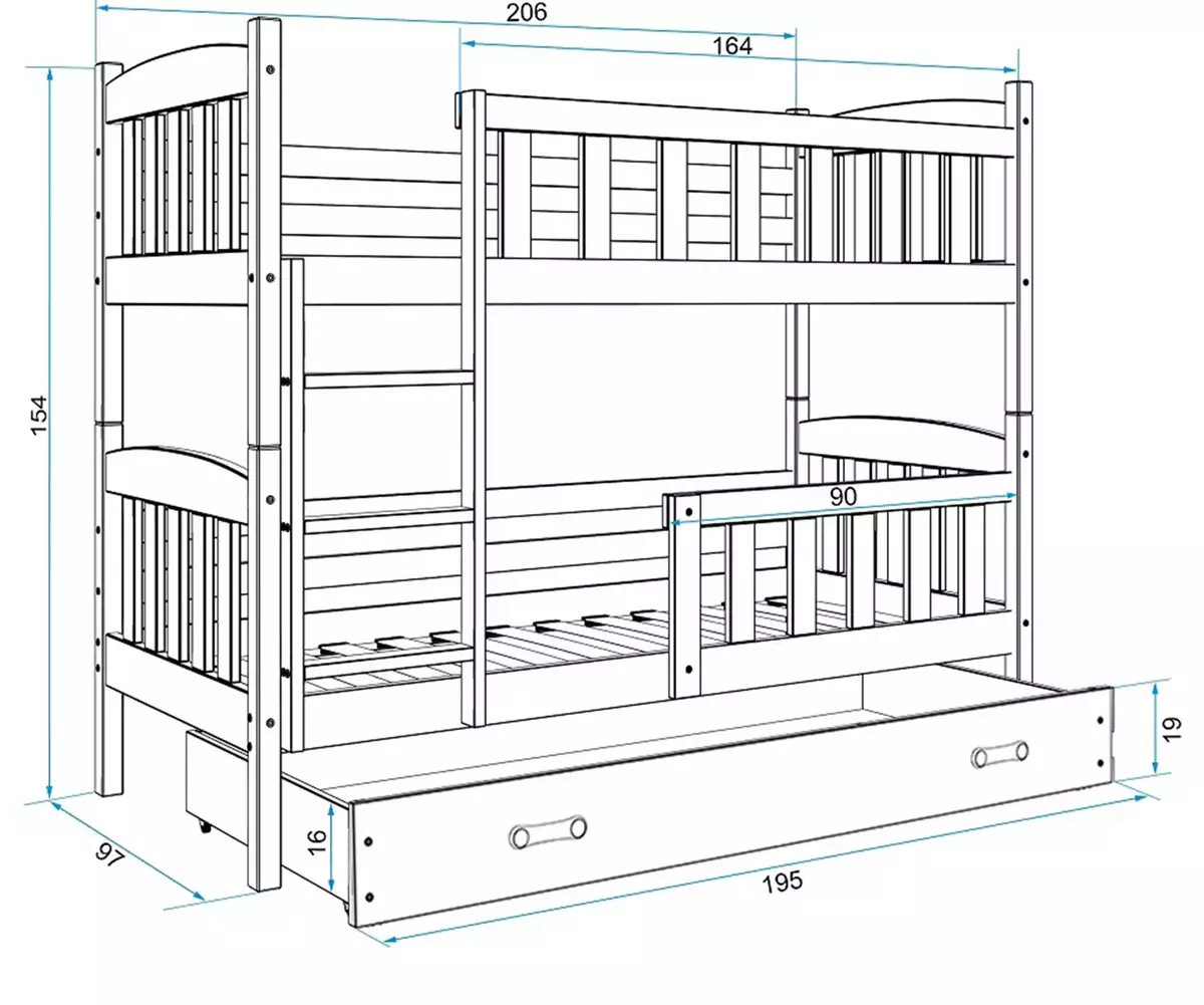 Abmessungen und Spezifikationen für Stockbett für Jugendliche Jakob, 90x200, mit Matratze und Schublade, grau/weiß