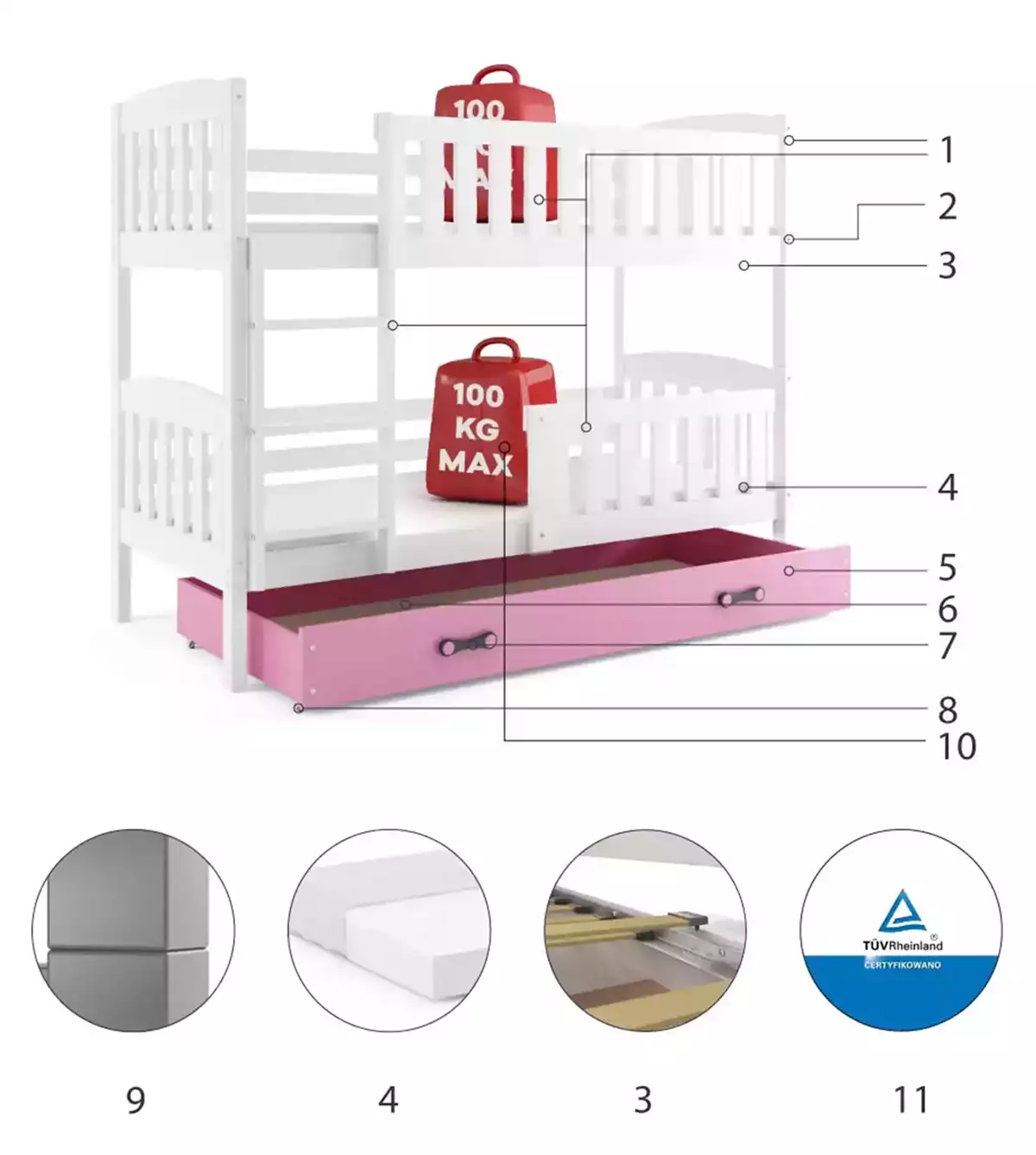 Komponenten für Stockbett für Jugendliche Jakob, 90x200, mit Matratze und Schublade, weiß/rosa Komponenten für Stockbett für Jugendliche Jakob, 90x200, mit Matratze und Schublade, weiß/rosa