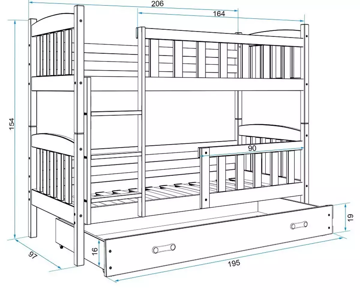 Abmessungen und Spezifikationen für Stockbett für Jugendliche Jakob, 90x200, mit Schublade, grau/weiß Abmessungen und Spezifikationen für Stockbett für Jugendliche Jakob, 90x200, mit Schublade, grau/weiß
