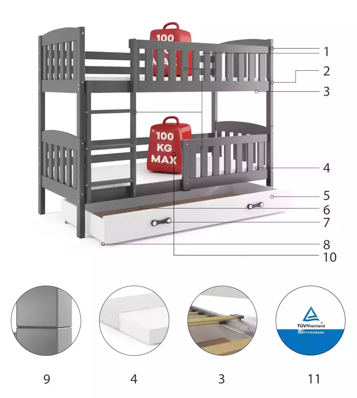 Komponenten für Stockbett für Jugendliche Jakob, 90x200, mit Schublade, grau/weiß Komponenten für Stockbett für Jugendliche Jakob, 90x200, mit Schublade, grau/weiß