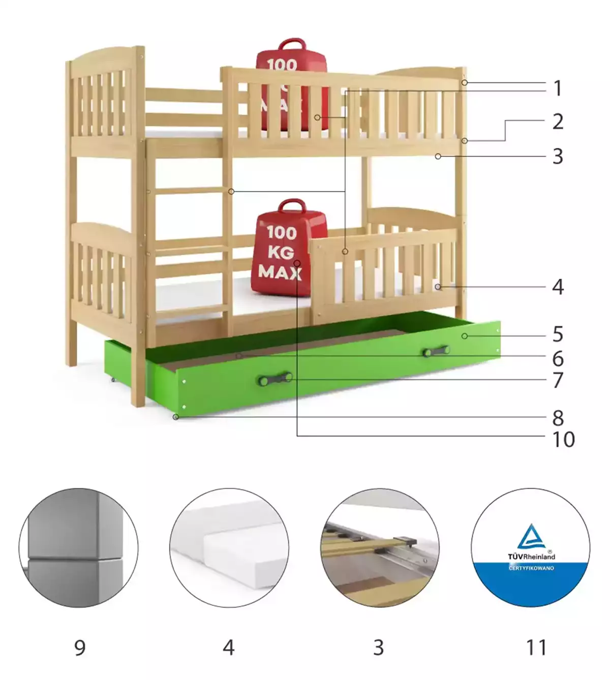 Komponenten für Stockbett für Jugendliche Jakob, 90x200, mit Schublade, Kiefer/grün Komponenten für Stockbett für Jugendliche Jakob, 90x200, mit Schublade, Kiefer/grün