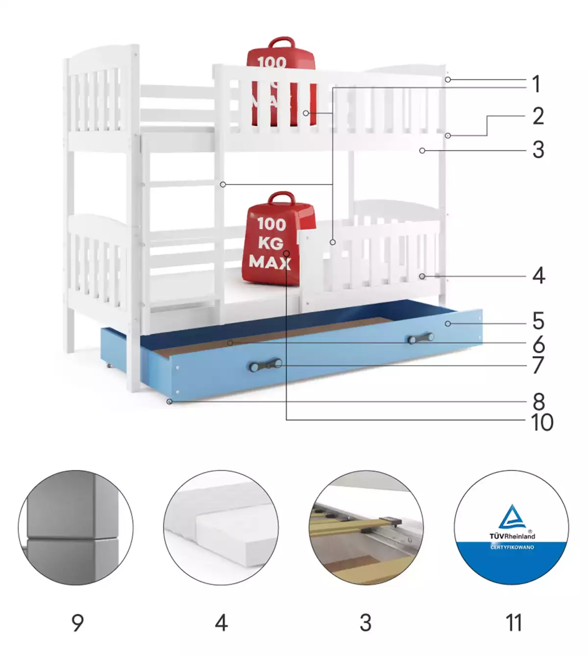 Komponenten für Stockbett für Jugendliche Jakob, 90x200, mit Schublade, weiß/blau Komponenten für Stockbett für Jugendliche Jakob, 90x200, mit Schublade, weiß/blau