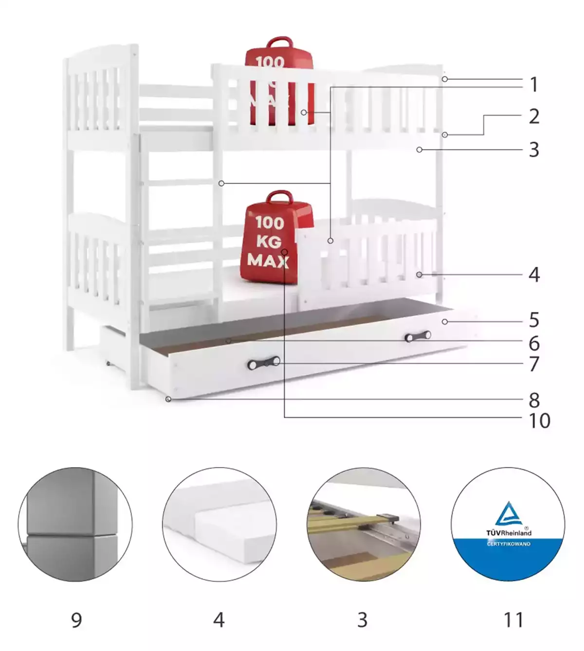 Komponenten für Stockbett für Jugendliche Jakob, 90x200, mit Schublade, weiß Komponenten für Stockbett für Jugendliche Jakob, 90x200, mit Schublade, weiß