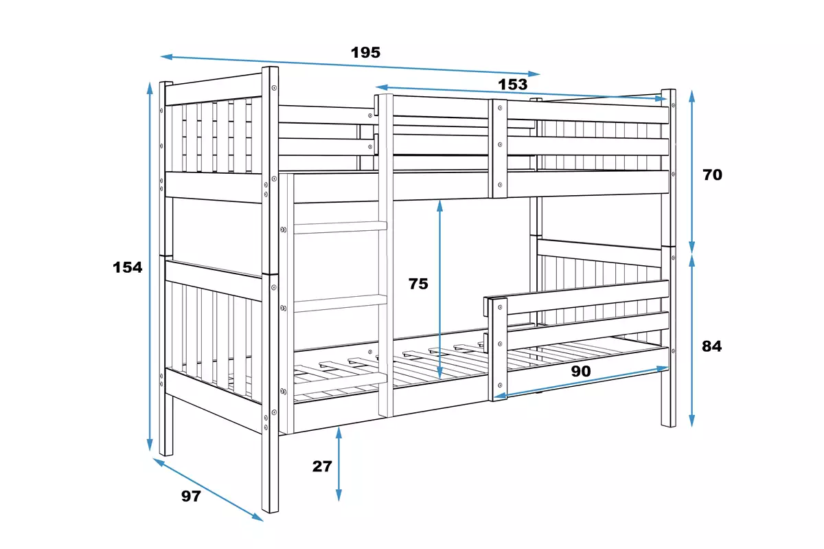 Abmessungen und Spezifikationen für Stockbett für Jugendliche Kacpar, 90x190, naturholz Abmessungen und Spezifikationen für Stockbett für Jugendliche Kacpar, 90x190, naturholz