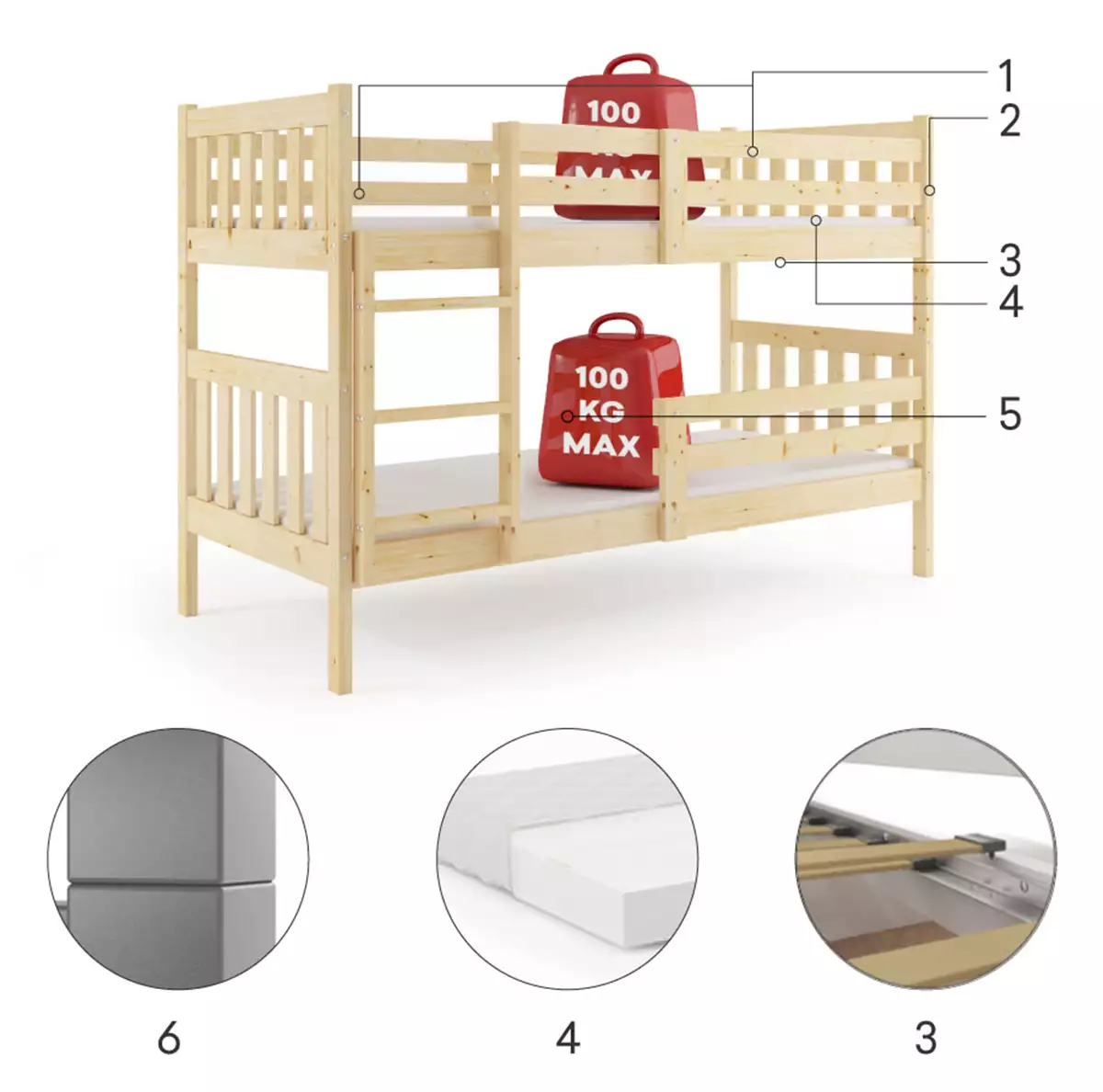 Komponenten für Stockbett für Jugendliche Kacpar, 90x190, naturholz Komponenten für Stockbett für Jugendliche Kacpar, 90x190, naturholz