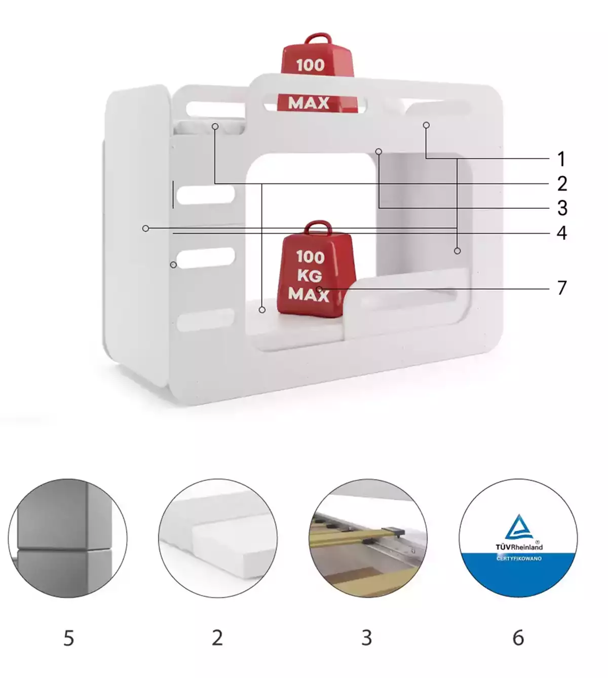 Komponenten für Stockbett für Jugendliche Max 2, 80X200, mit Matratze, weiß