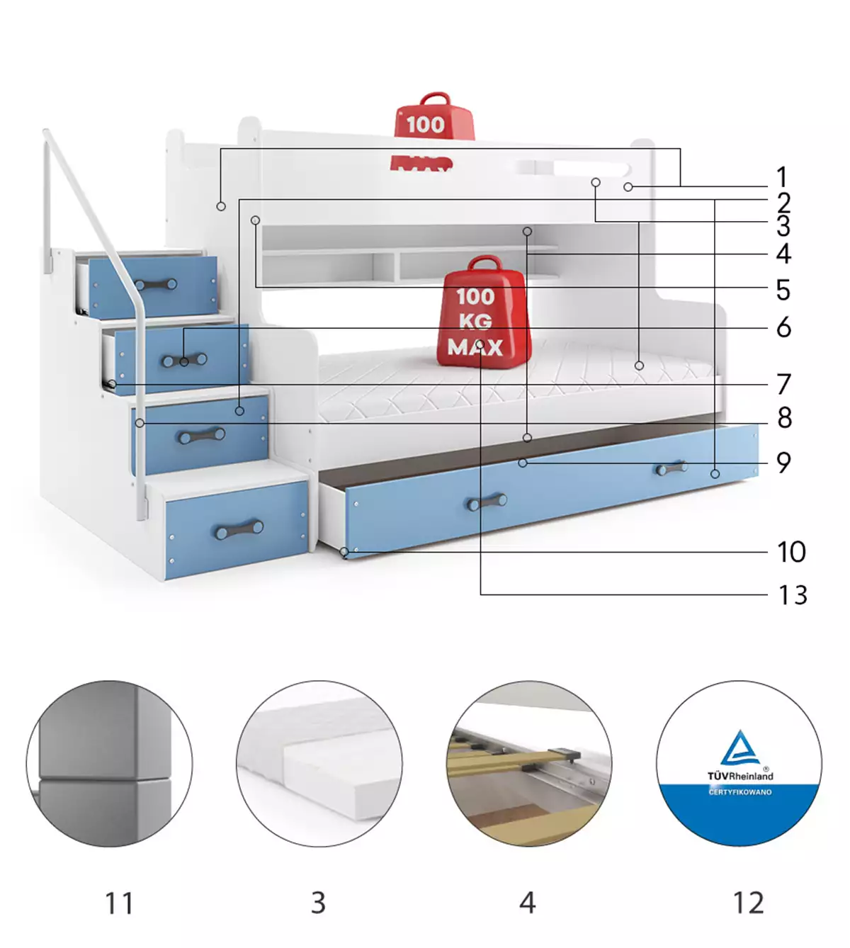 Komponenten für Stockbett für Jugendliche Max 3, 120x200, mit Schublade, blau Komponenten für Stockbett für Jugendliche Max 3, 120x200, mit Schublade, blau