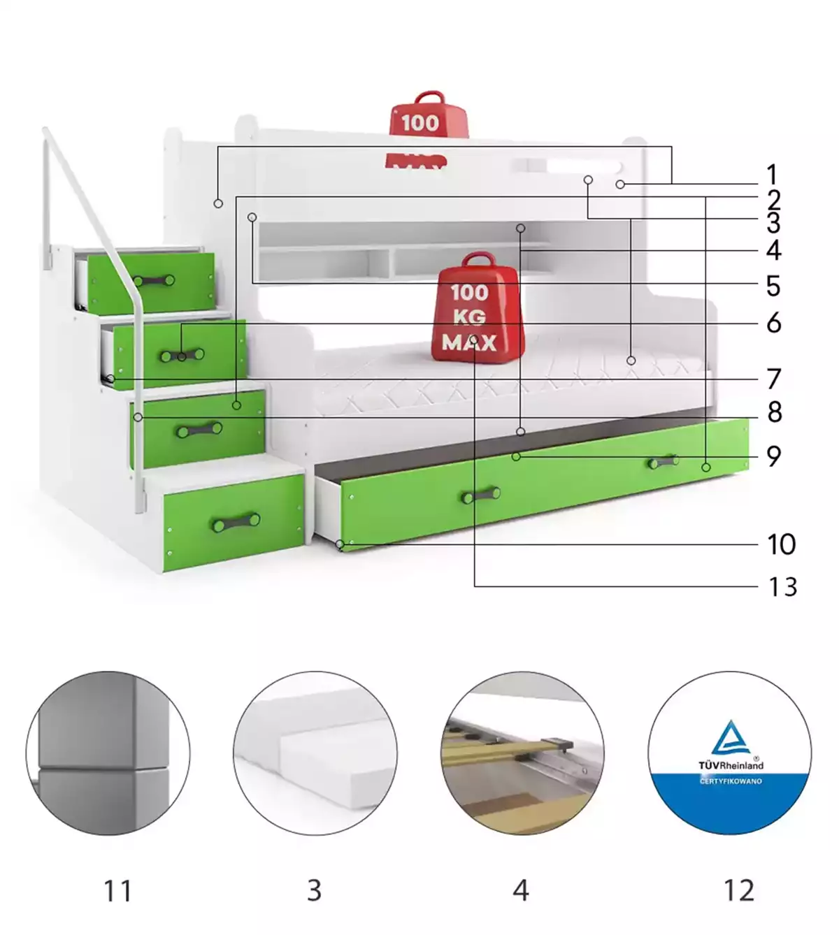 Komponenten für Stockbett für Jugendliche Max 3, 120x200, mit Schublade, grün Komponenten für Stockbett für Jugendliche Max 3, 120x200, mit Schublade, grün