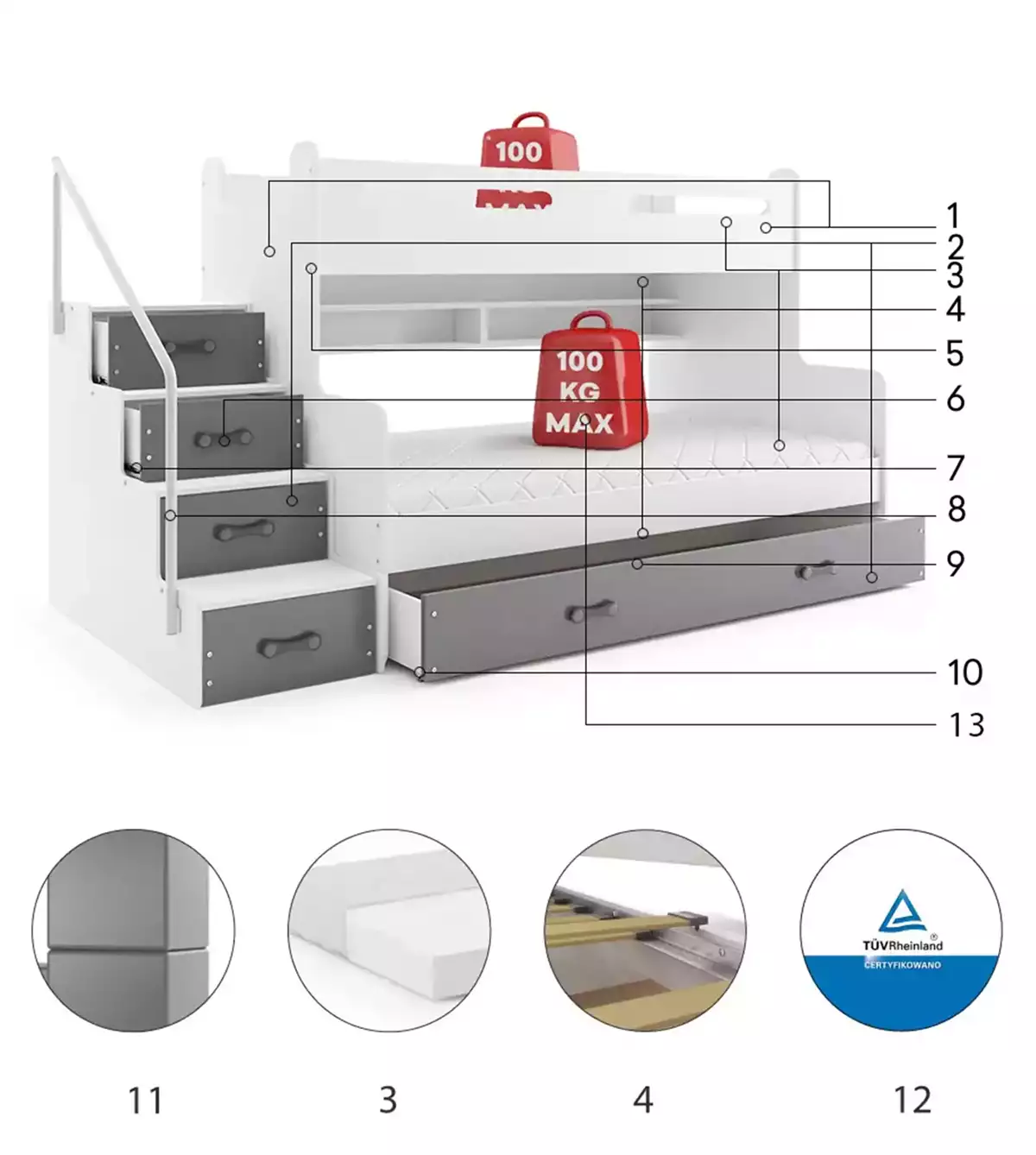 Komponenten für Stockbett für Jugendliche Max 3, 120x200, mit Schublade, grau Komponenten für Stockbett für Jugendliche Max 3, 120x200, mit Schublade, grau