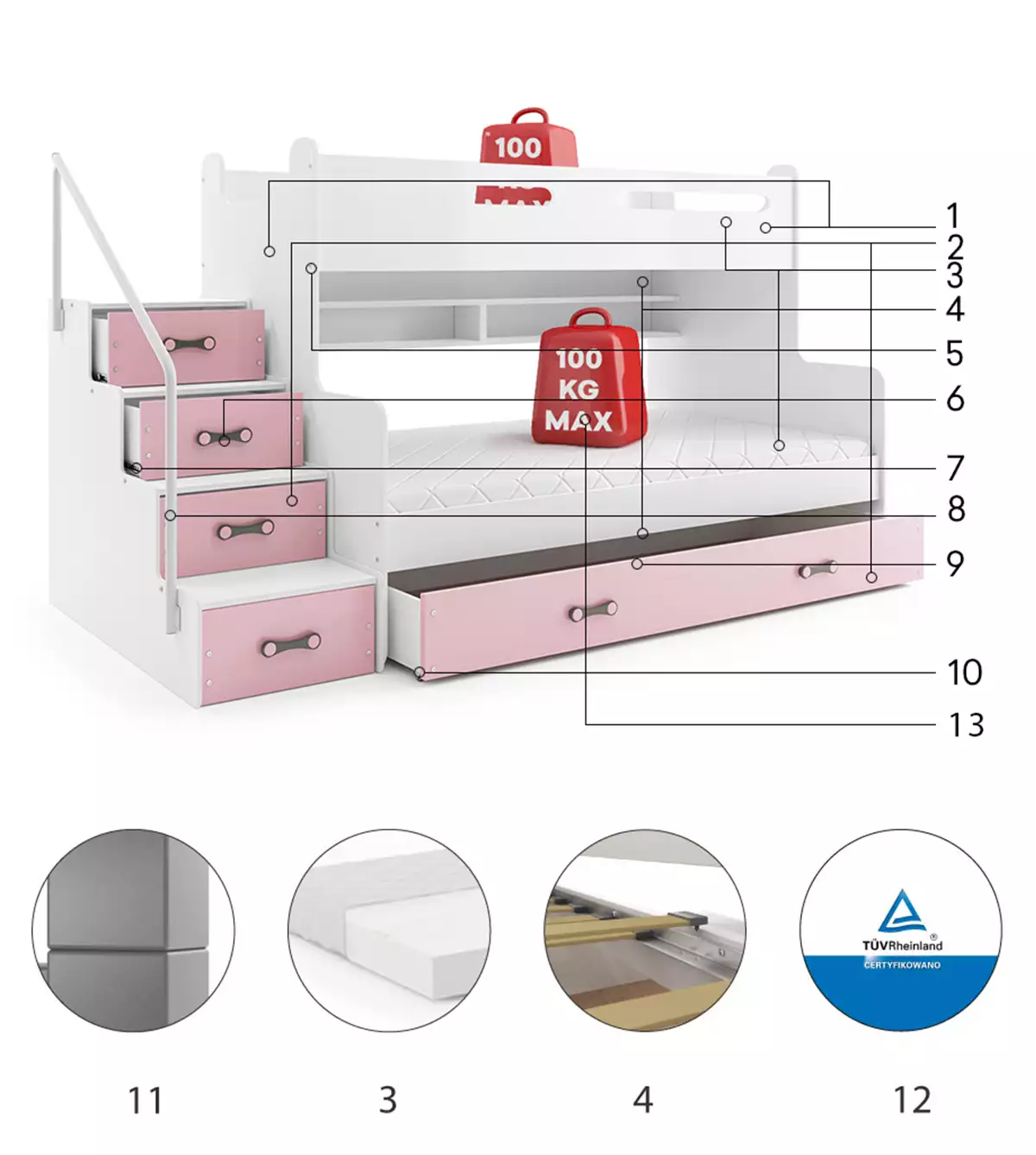 Komponenten für Stockbett für Jugendliche Max 3, 120x200, mit Schublade, rosa Komponenten für Stockbett für Jugendliche Max 3, 120x200, mit Schublade, rosa