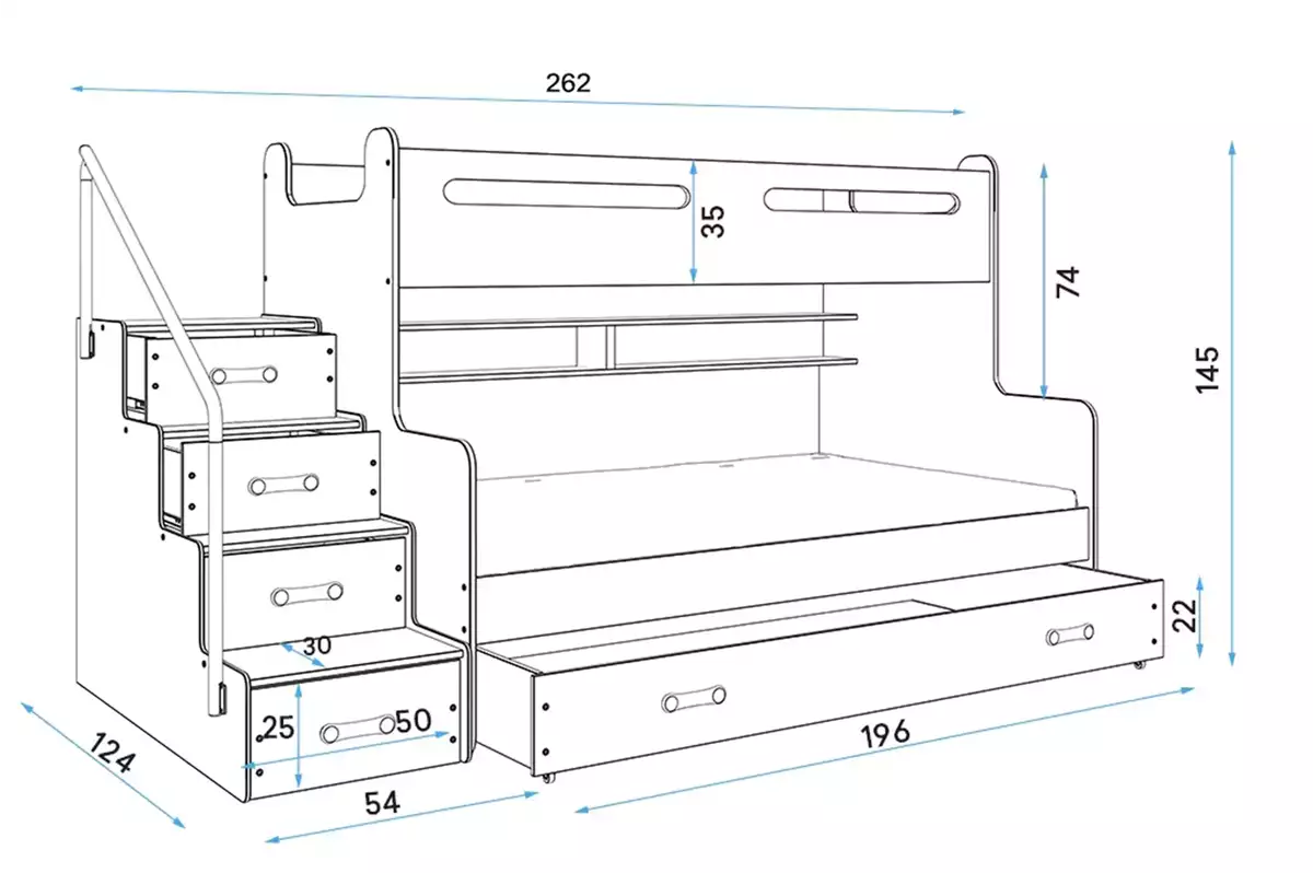 Abmessungen und Spezifikationen für Stockbett für Jugendliche Max 3, 120x200, mit Schublade, weiß Abmessungen und Spezifikationen für Stockbett für Jugendliche Max 3, 120x200, mit Schublade, weiß
