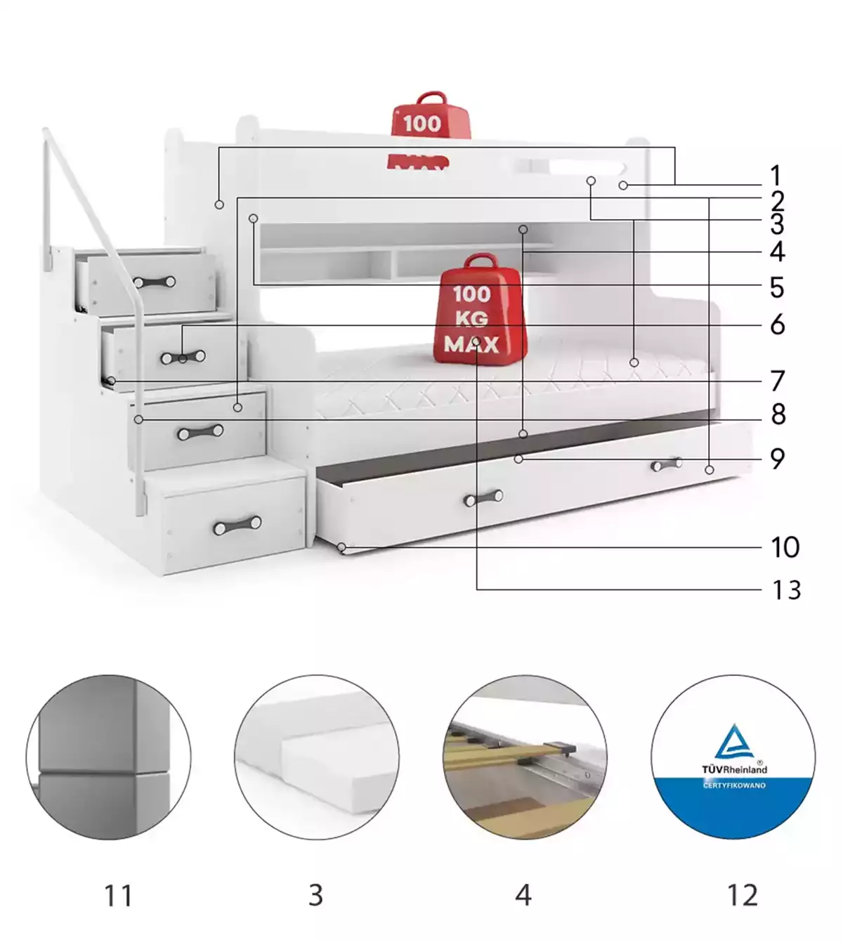 Komponenten für Stockbett für Jugendliche Max 3, 120x200, mit Schublade, weiß Komponenten für Stockbett für Jugendliche Max 3, 120x200, mit Schublade, weiß