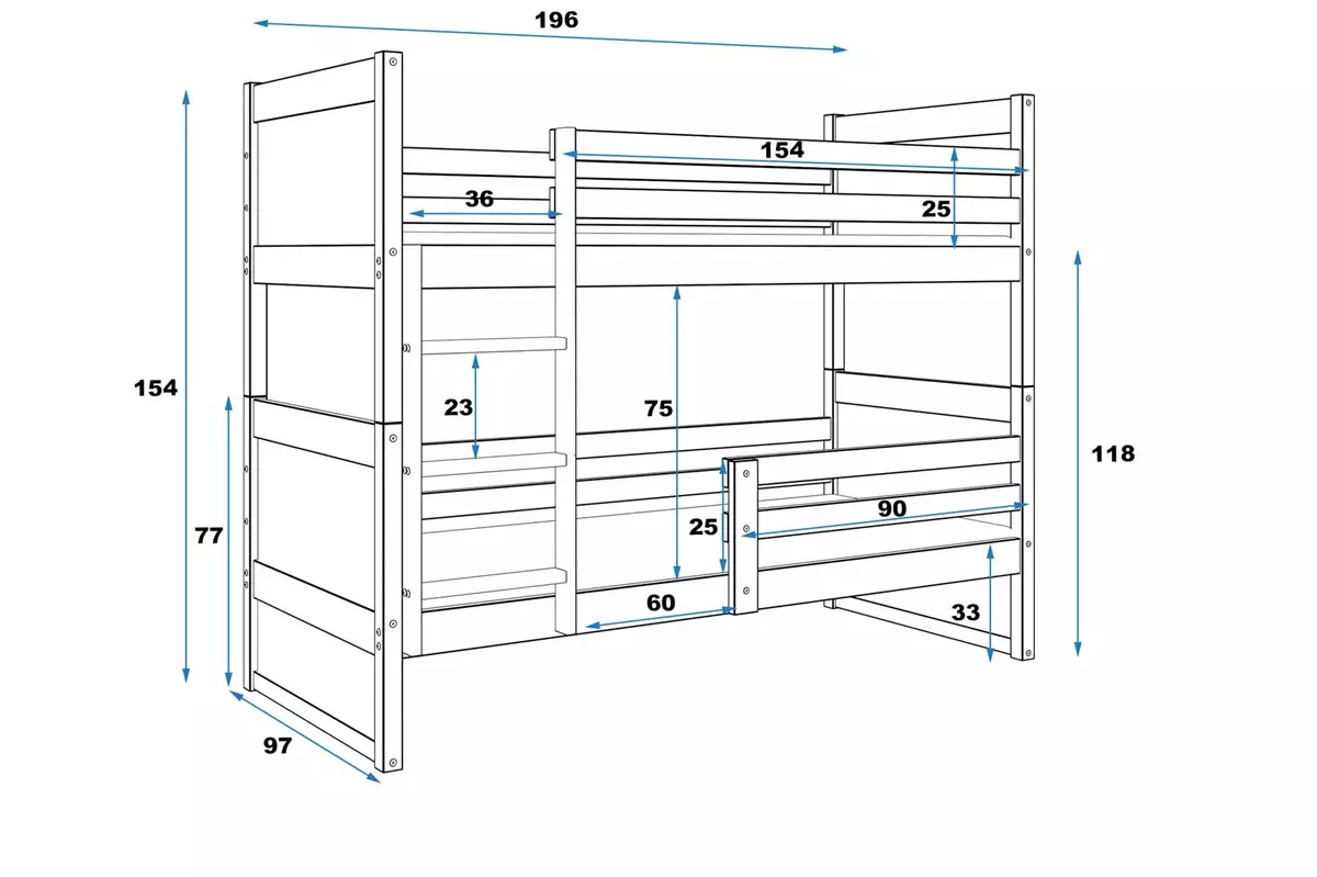 Abmessungen und Spezifikationen für Stockbett für Jugendliche, Richard, 90x190, grau/rosa Abmessungen und Spezifikationen für Stockbett für Jugendliche, Richard, 90x190, grau/rosa